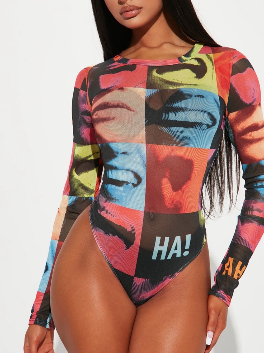 Long-Sleeve Multi-Color Graphic One-Piece Body Suit - Multi